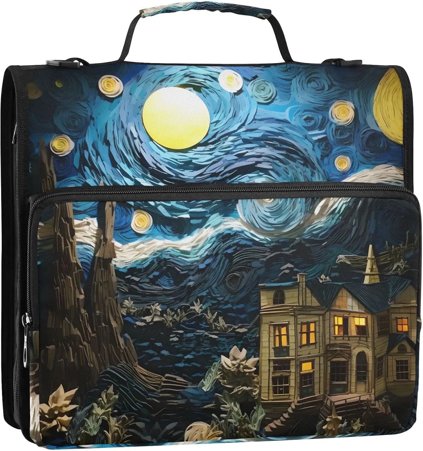 Binder Organizer Colorful Impressionist Night Sky Landscape Binder Bag with Shoulder Strap and Handle