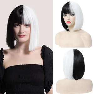 Black and White Bob Wig with Bangs Short Straight Bob Wigs For Women Shoulder Length Synthetic Bob Wigs For Halloween Daily Party Cosplay
