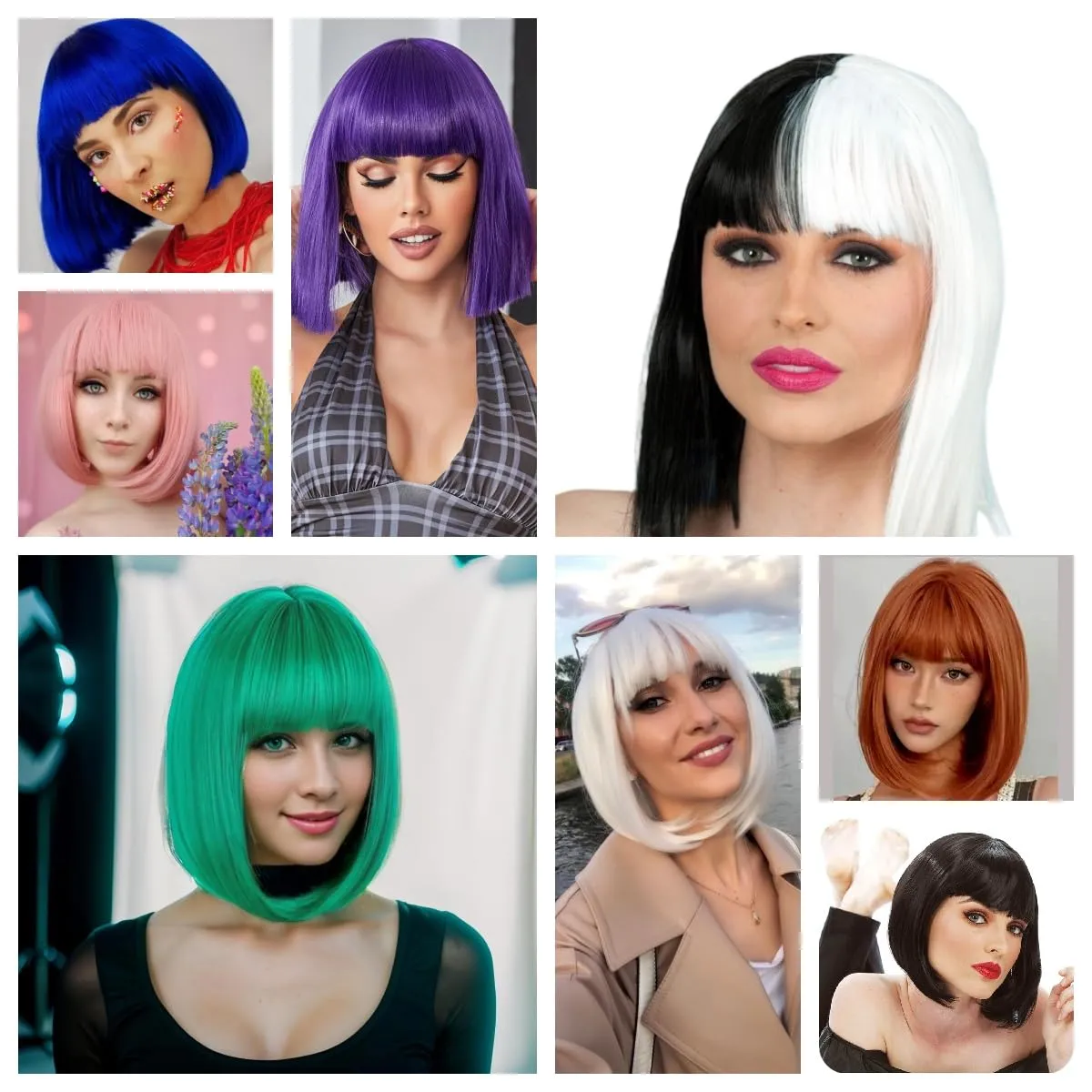 Black and White Bob Wig with Bangs Short Straight Bob Wigs For Women Shoulder Length Synthetic Bob Wigs For Halloween Daily Party Cosplay