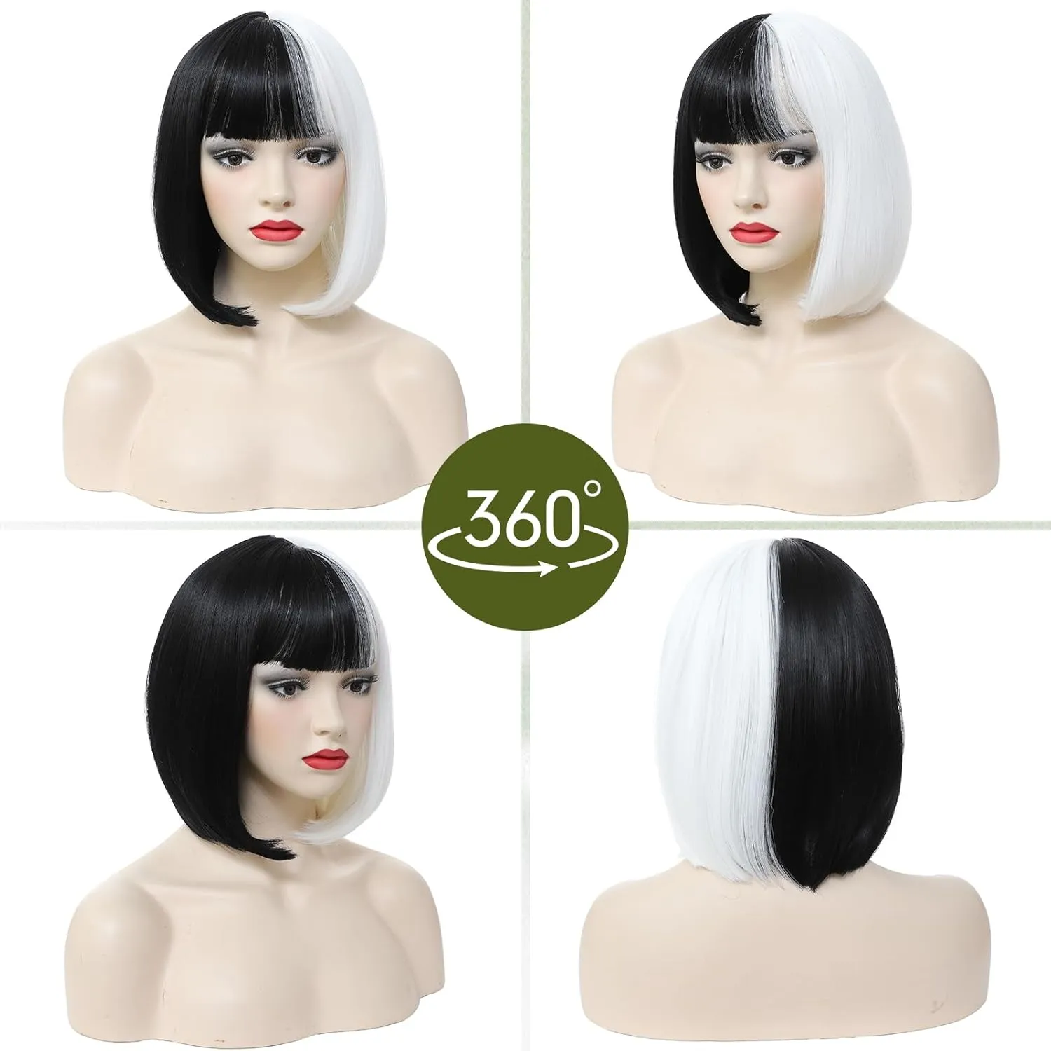Black and White Bob Wig with Bangs Short Straight Bob Wigs For Women Shoulder Length Synthetic Bob Wigs For Halloween Daily Party Cosplay