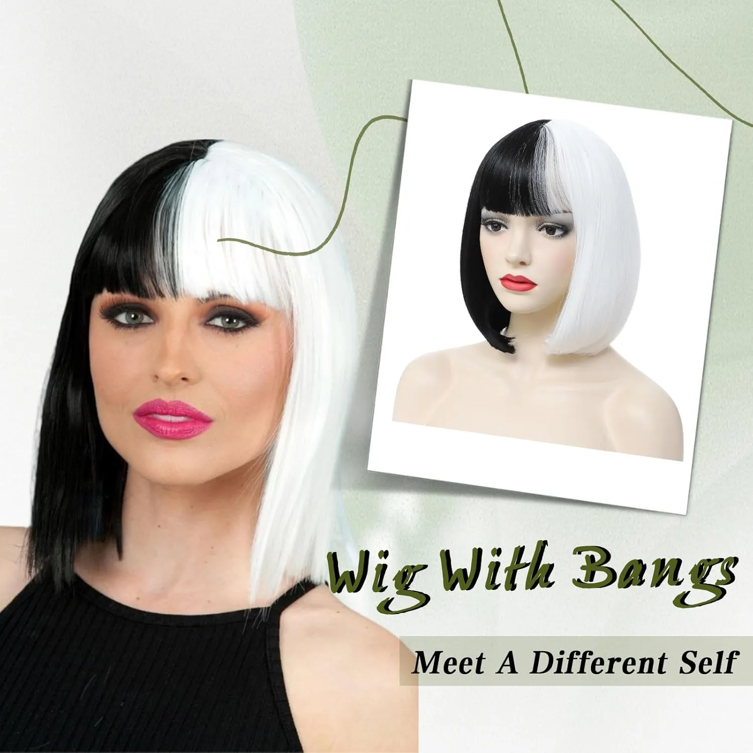 Black and White Bob Wig with Bangs Short Straight Bob Wigs For Women Shoulder Length Synthetic Bob Wigs For Halloween Daily Party Cosplay