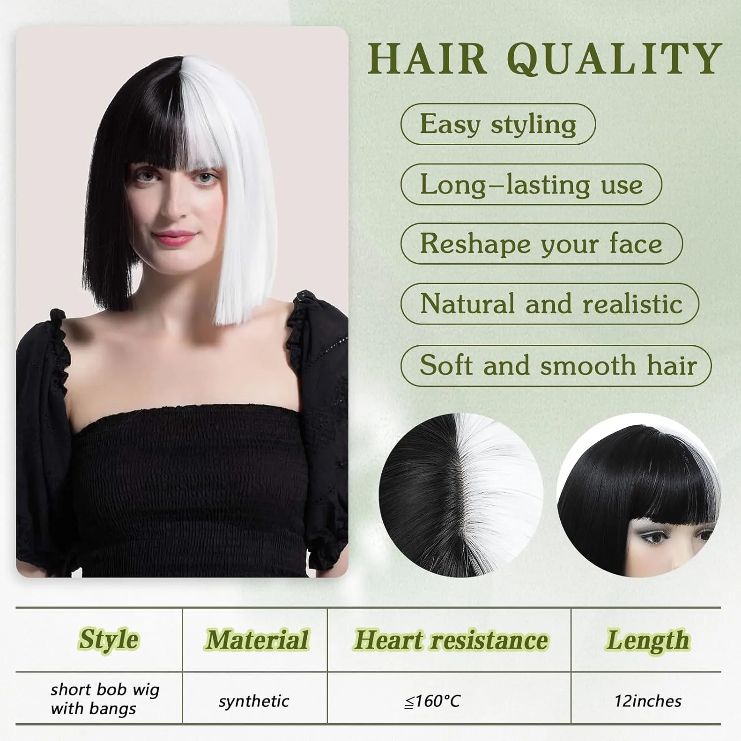 Black and White Bob Wig with Bangs Short Straight Bob Wigs For Women Shoulder Length Synthetic Bob Wigs For Halloween Daily Party Cosplay