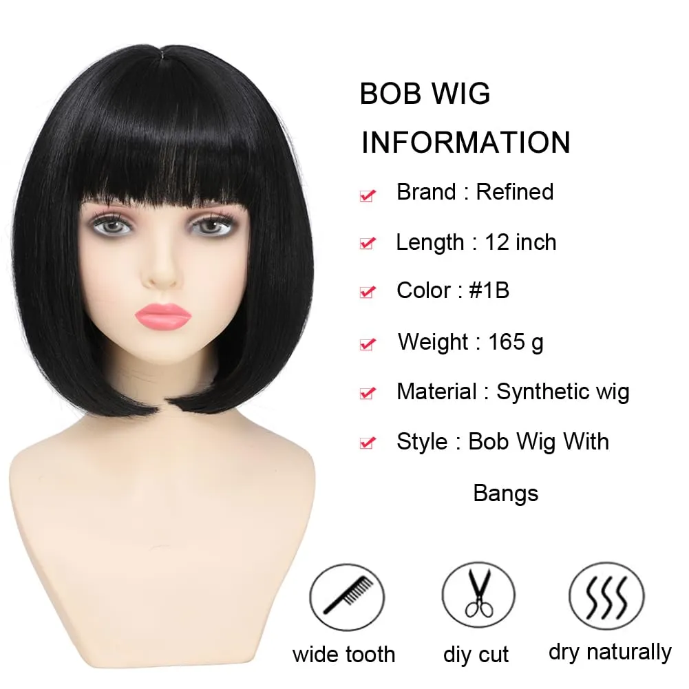 Black Bob Wigs With Bangs 12 inch Short Straight Shoulder Length Heat Resistant Synthetic Bob Wig For Women Daily Use Cosplay Party (1B, 12 Inch)