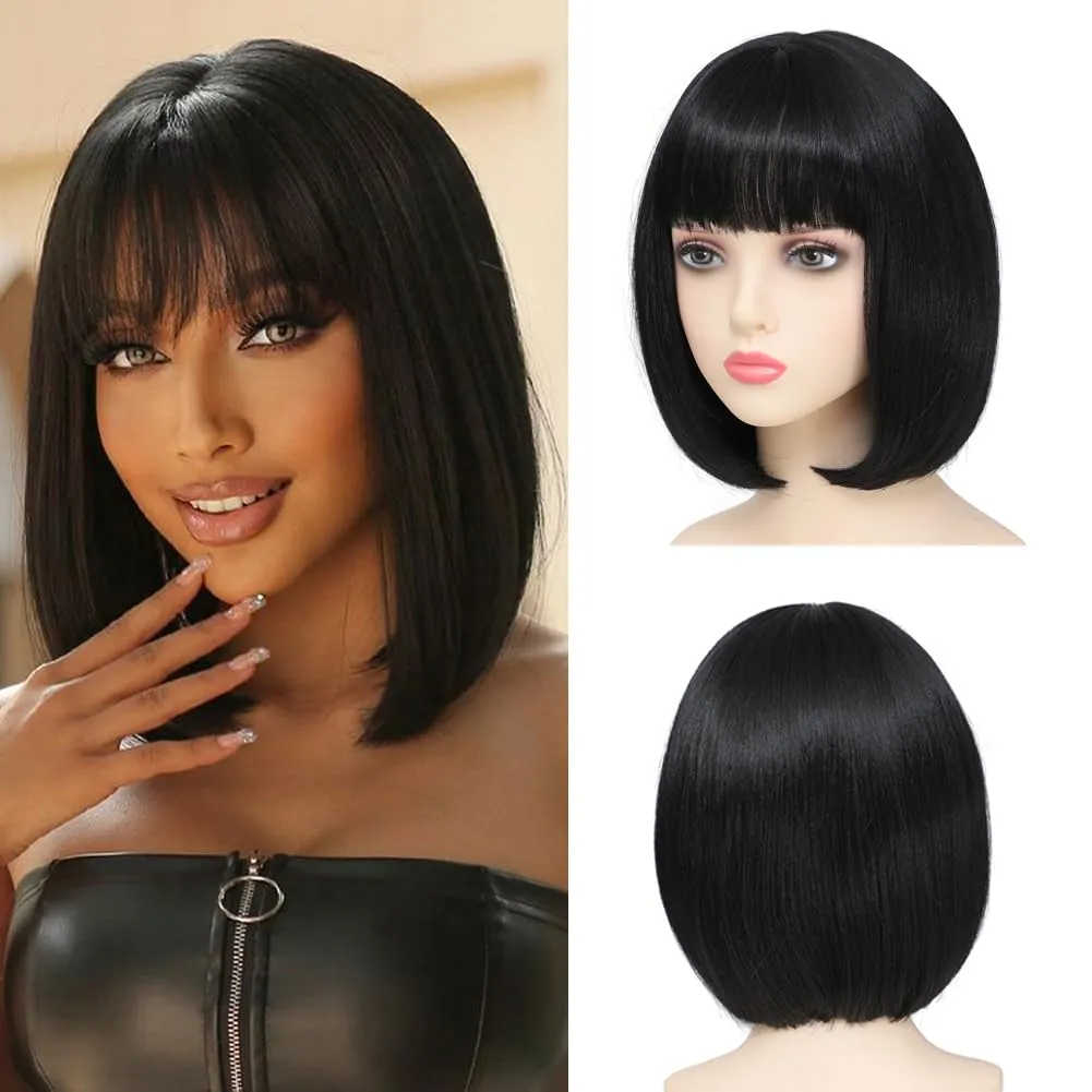 Black Bob Wigs With Bangs 12 inch Short Straight Shoulder Length Heat Resistant Synthetic Bob Wig For Women Daily Use Cosplay Party (1B, 12 Inch)