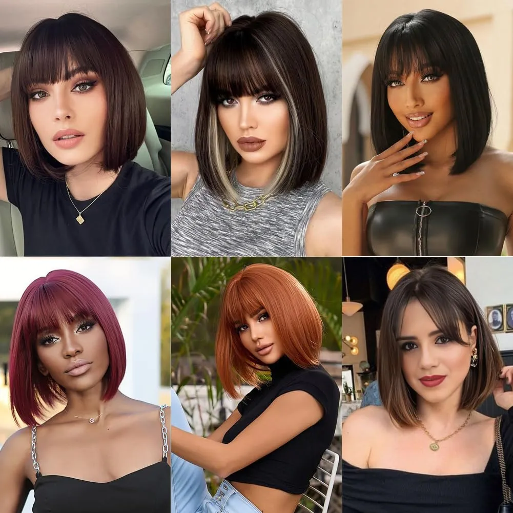 Black Bob Wigs With Bangs 12 inch Short Straight Shoulder Length Heat Resistant Synthetic Bob Wig For Women Daily Use Cosplay Party (1B, 12 Inch)