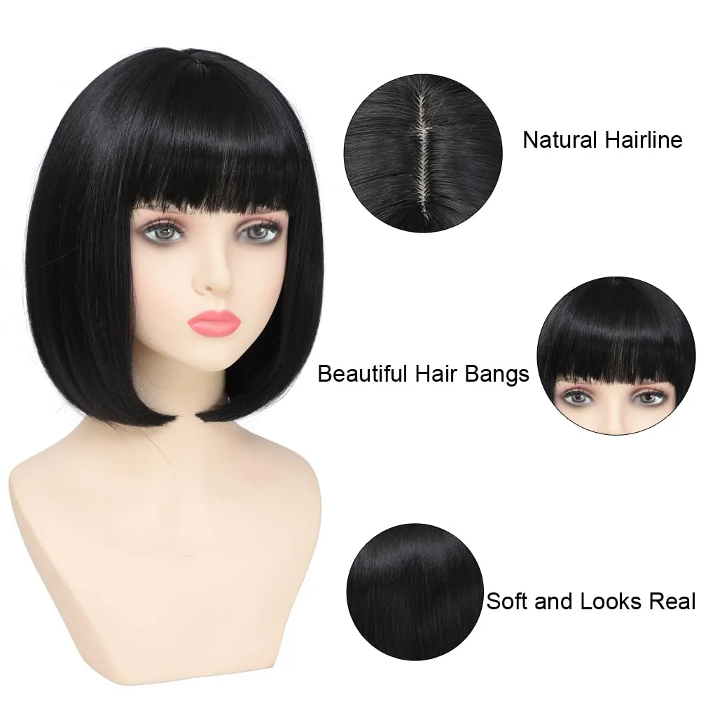 Black Bob Wigs With Bangs 12 inch Short Straight Shoulder Length Heat Resistant Synthetic Bob Wig For Women Daily Use Cosplay Party (1B, 12 Inch)