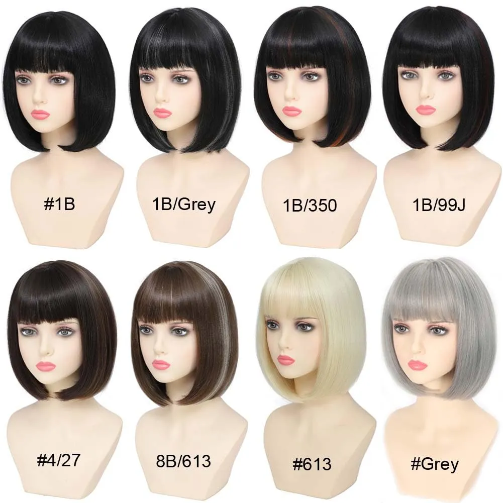 Black Bob Wigs With Bangs 12 inch Short Straight Shoulder Length Heat Resistant Synthetic Bob Wig For Women Daily Use Cosplay Party (1B, 12 Inch)