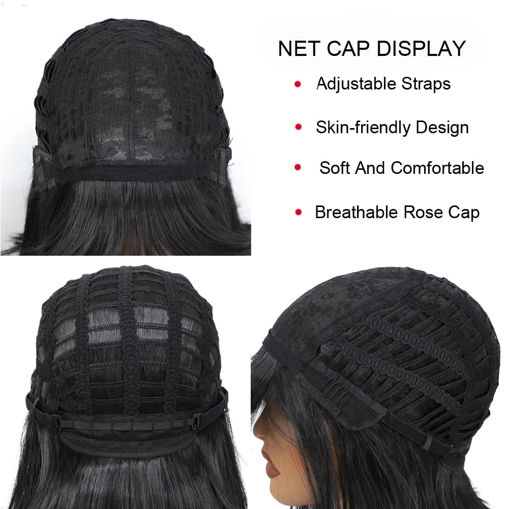 Black Bob Wigs With Bangs 12 inch Short Straight Shoulder Length Heat Resistant Synthetic Bob Wig For Women Daily Use Cosplay Party (1B, 12 Inch)