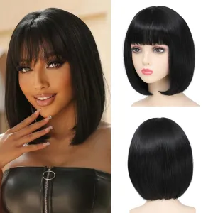 Black Bob Wigs With Bangs 12 inch Short Straight Shoulder Length Heat Resistant Synthetic Bob Wig For Women Daily Use Cosplay Party (1B, 12 Inch)
