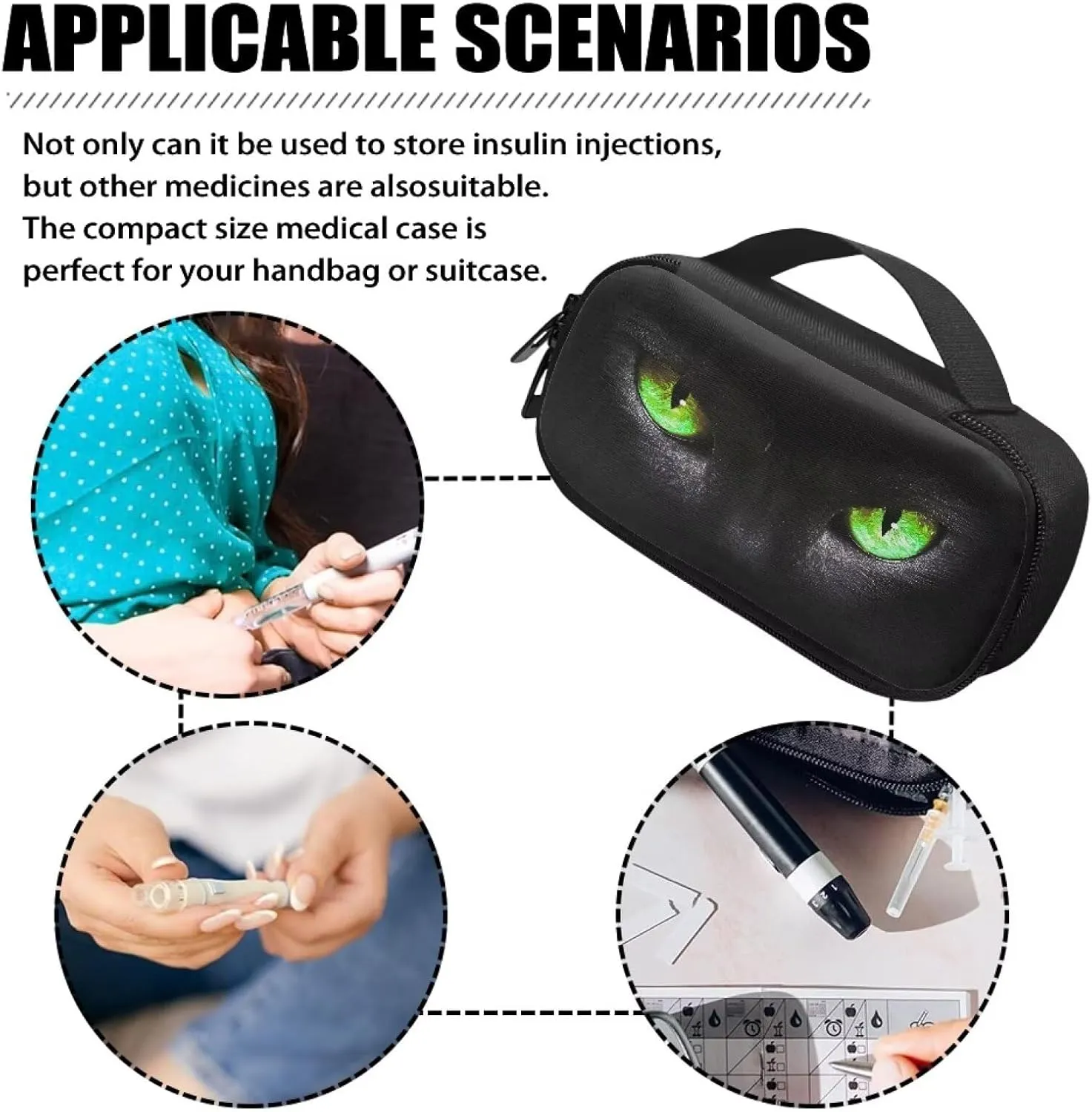 Black Cat Green Eyes Diabetic Supplies Travel Case Glucose Meter Storage Bag Insulin Pen & Medication Carrying Case for Test Strips, Lancets, Syringe, Needles, Easy to Use