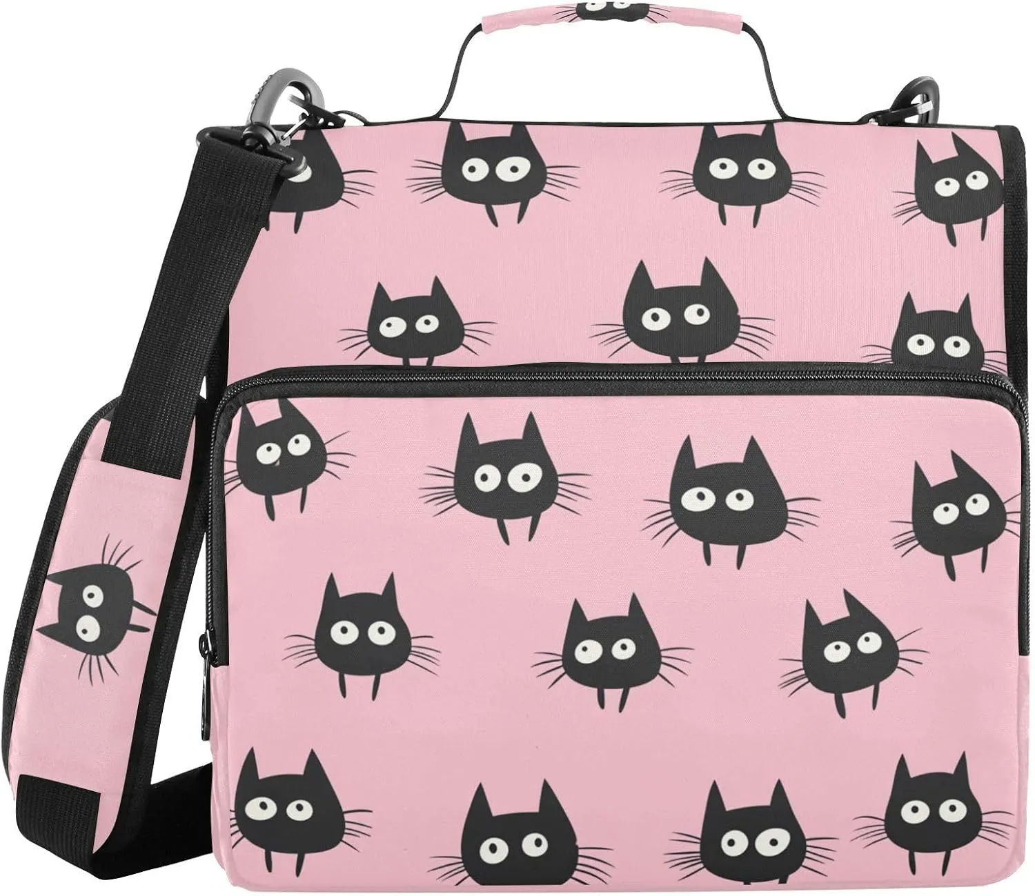 Black Cats Pink Zipper Binder with Shoulder Strap Trapper Keeper 3 Ring Binder Organizer Large Capacity Multiple Compartments for School Office