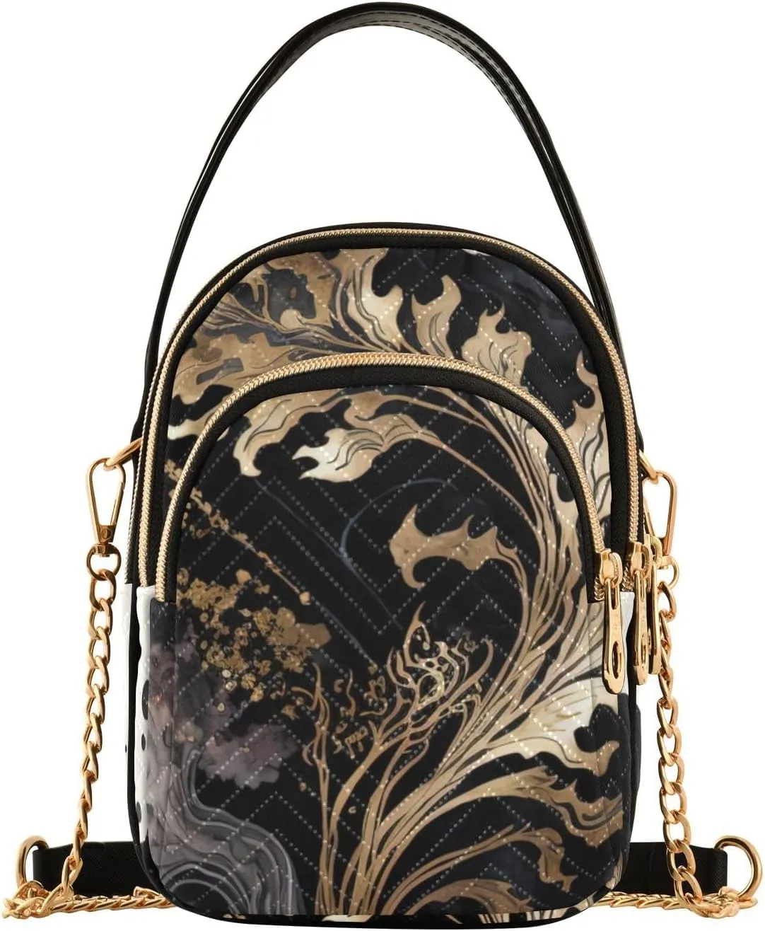 Black Gold Fluid Crossbody Sling Bags for Women, Compact Fashion Handbag with Chain Strap Top handle for Evening Party Dating Travel