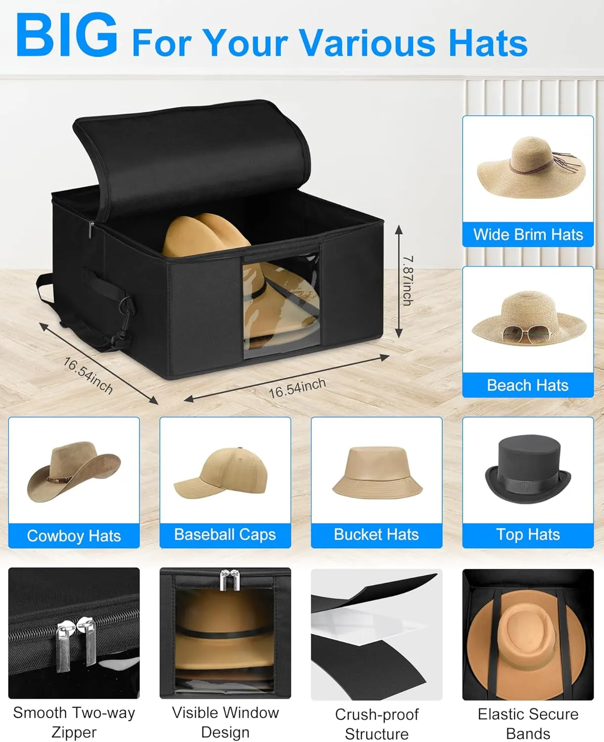 Black Stackable Hat Organizer Box - Foldable, Dustproof, Travel Friendly, Accommodates Various Hat Styles, 16.54 x 16.54 x 7.87 inches