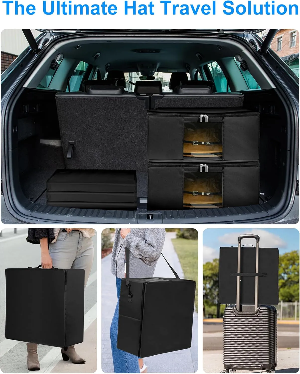 Black Stackable Hat Organizer Box - Foldable, Dustproof, Travel Friendly, Accommodates Various Hat Styles, 16.54 x 16.54 x 7.87 inches