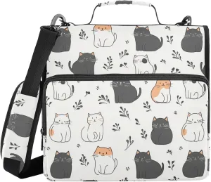 Black White Cat Leaf Doodle Zipper Binder with Shoulder Strap Trapper Keeper 3 Ring Binder Organizer Large Capacity Multiple Compartments for School Office
