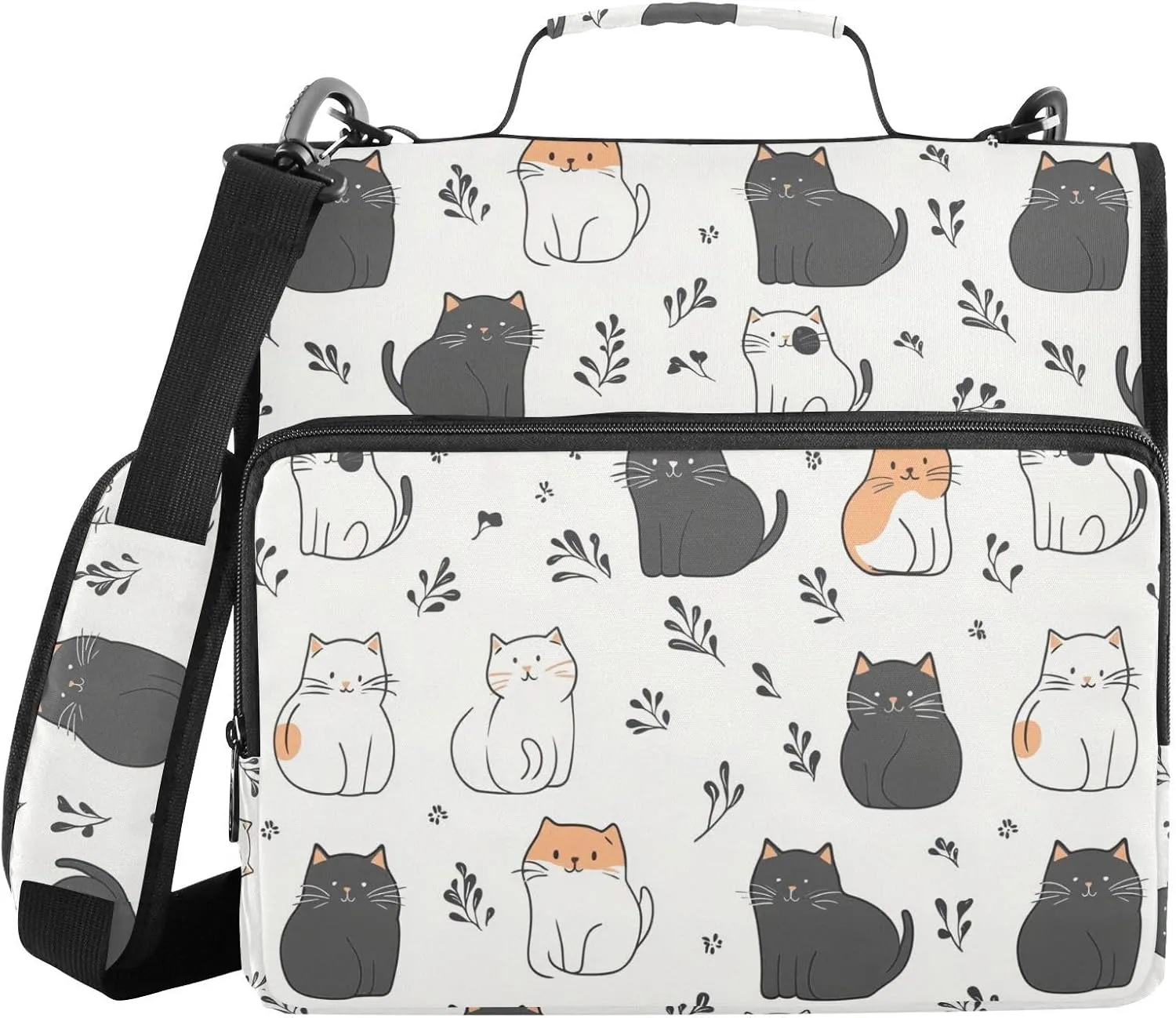 Black White Cat Leaf Doodle Zipper Binder with Shoulder Strap Trapper Keeper 3 Ring Binder Organizer Large Capacity Multiple Compartments for School Office