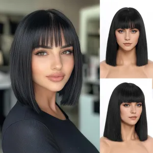 Black Wig With Bangs Short Bob Straight Wigs for Women Shoulder Length Black Natural Looking Synthetic Heat Resistant Fiber Wigs for Halloween Costumes Cosplay Daily Use(12 Inch)