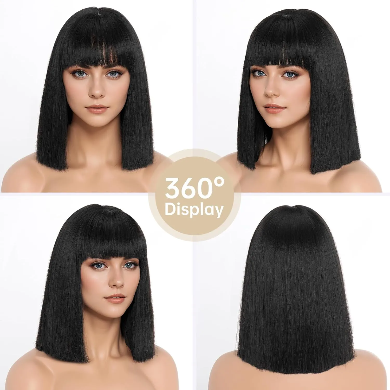Black Wig With Bangs Short Bob Straight Wigs for Women Shoulder Length Black Natural Looking Synthetic Heat Resistant Fiber Wigs for Halloween Costumes Cosplay Daily Use(12 Inch)