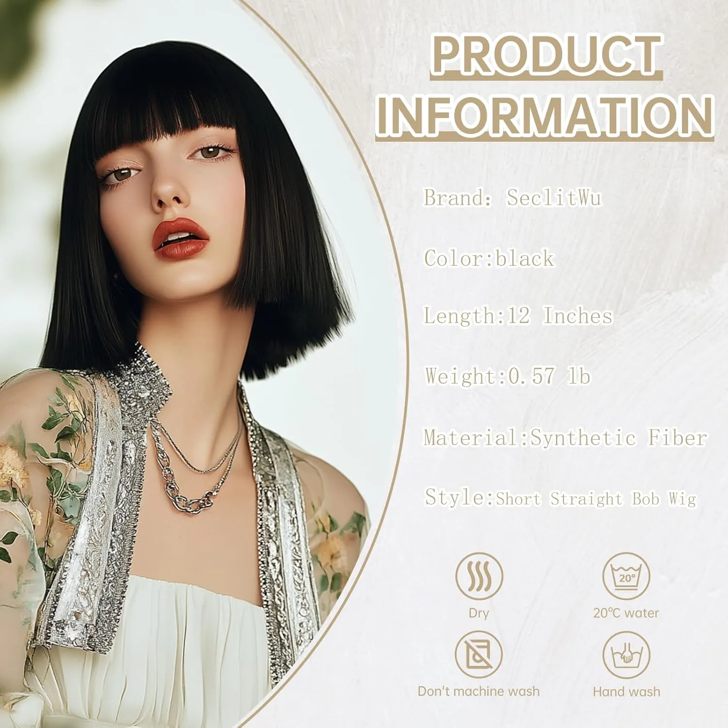 Black Wig With Bangs Short Bob Straight Wigs for Women Shoulder Length Black Natural Looking Synthetic Heat Resistant Fiber Wigs for Halloween Costumes Cosplay Daily Use(12 Inch)