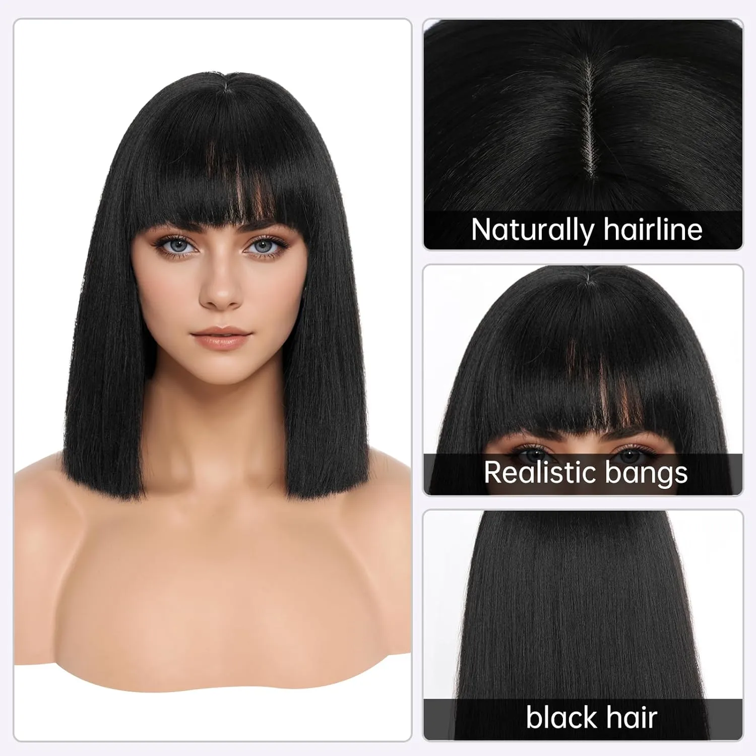 Black Wig With Bangs Short Bob Straight Wigs for Women Shoulder Length Black Natural Looking Synthetic Heat Resistant Fiber Wigs for Halloween Costumes Cosplay Daily Use(12 Inch)