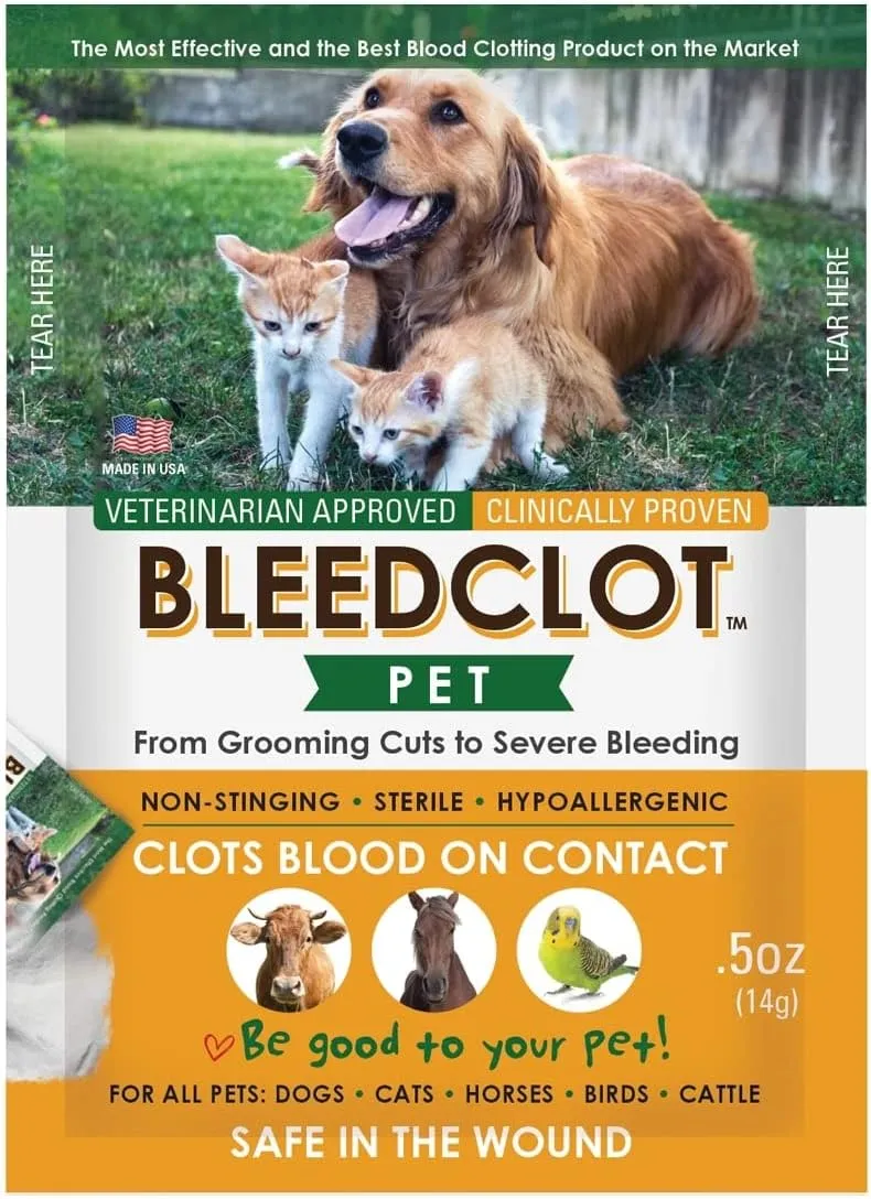 BleedClot Pet First Aid Blood Clotting Powder | The Best for All Animals to Stop Bleeding, Guaranteed | for Minor Cuts and Severe Arterial Bleeding | from The Makers of BleedStop (4 Pouches (0.5 oz))