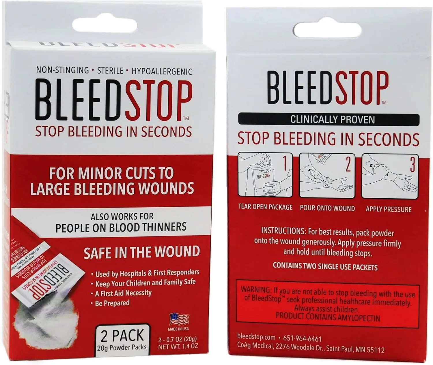 BleedStop™ First Aid Powder for Blood Clotting, Trauma Kit, Blood Thinner Patients, Camping Safety, and Survival Equipment for Moderate to Severe Bleeding Wounds or Nosebleeds - 4 (20g) Pouches
