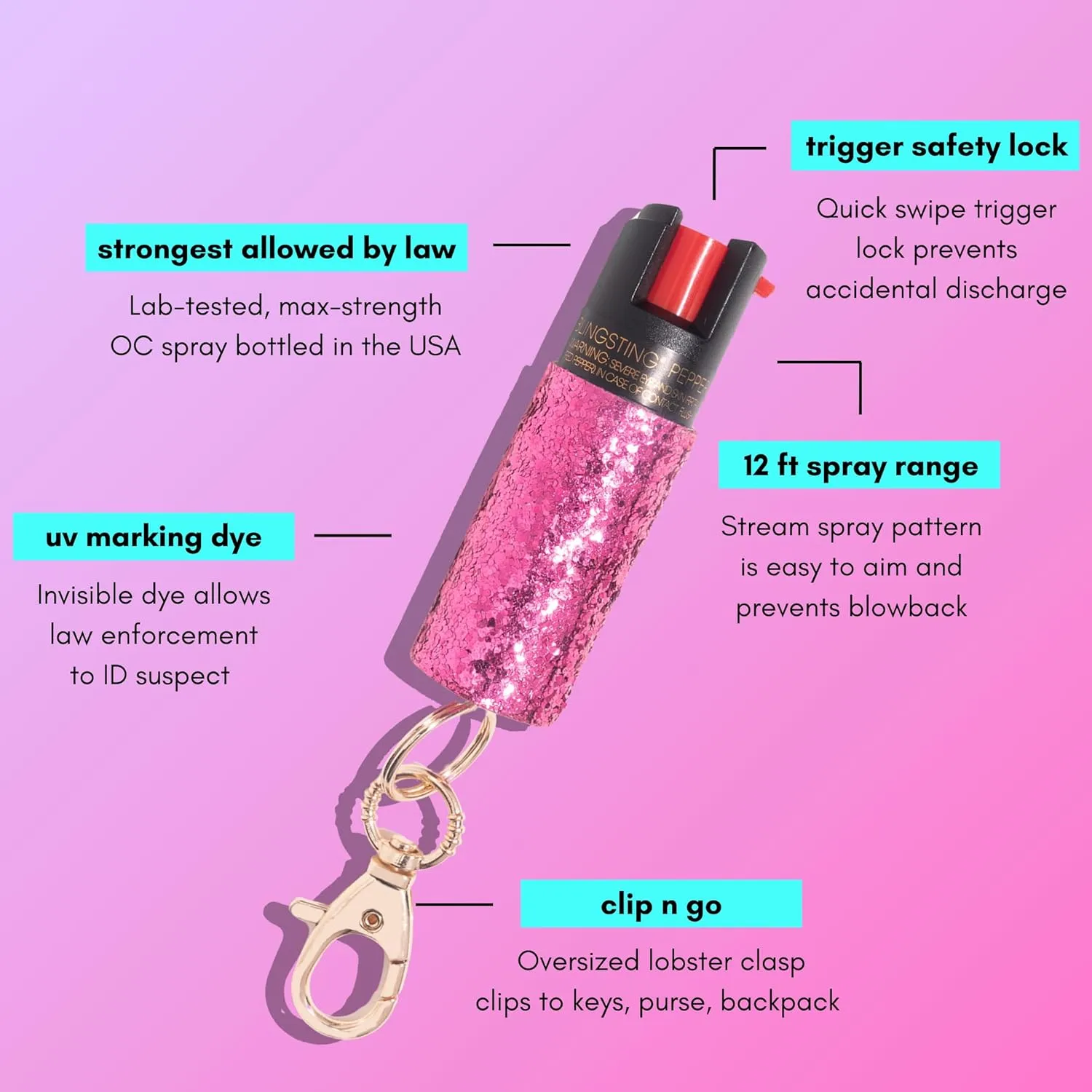 BLINGSTING Pepper Spray for Women - Maximum Strength OC Self Defense Spray - 12 ft Range - UV Marking Dye for Police ID - Swipe Safety Lock, Compact & Fashionable Keychain