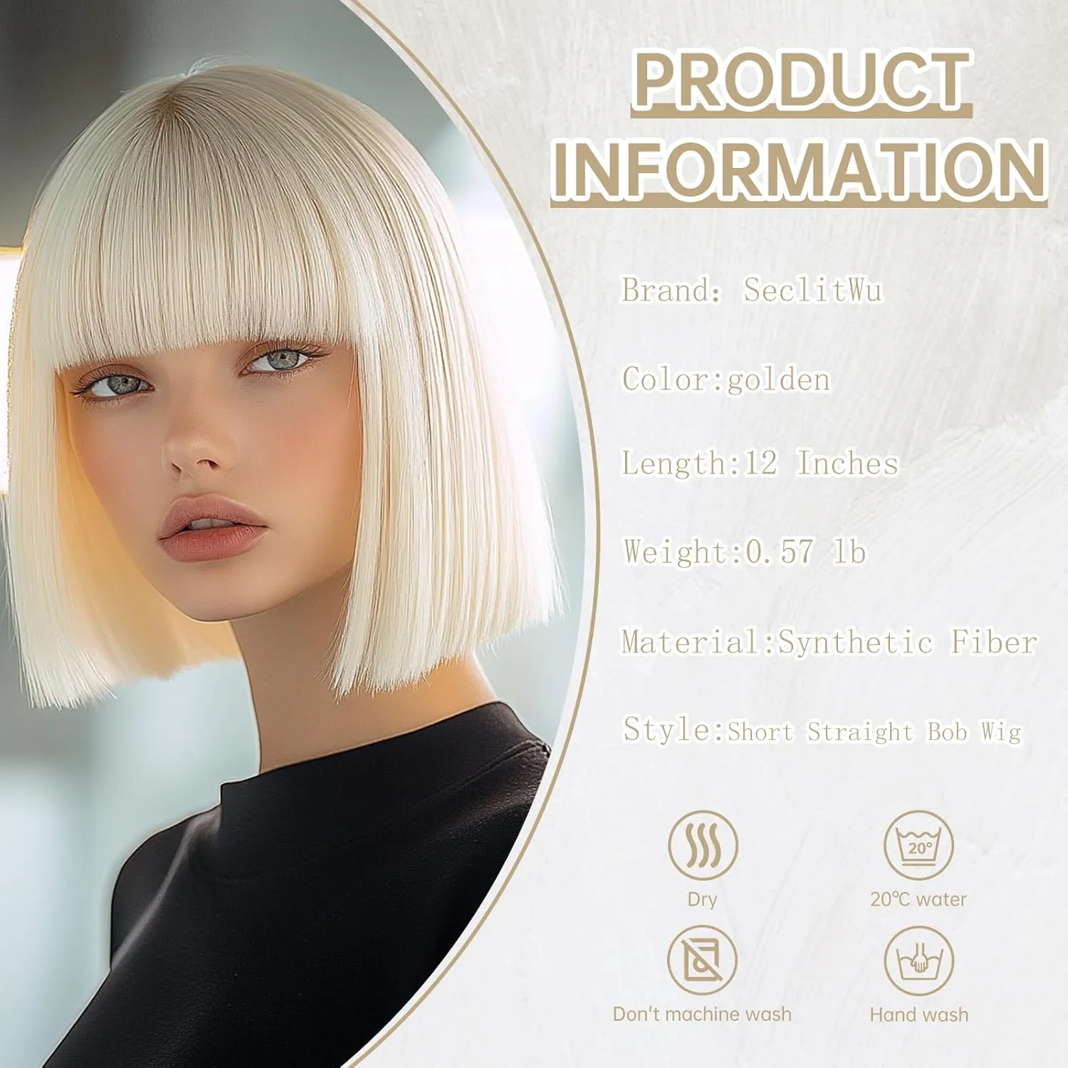 Blonde Wig With Bangs Short Bob Straight Wigs for Women Shoulder Length Blonde Natural Looking Synthetic Heat Resistant Fiber Wigs for Halloween Costumes Cosplay Daily Use(12 Inch)