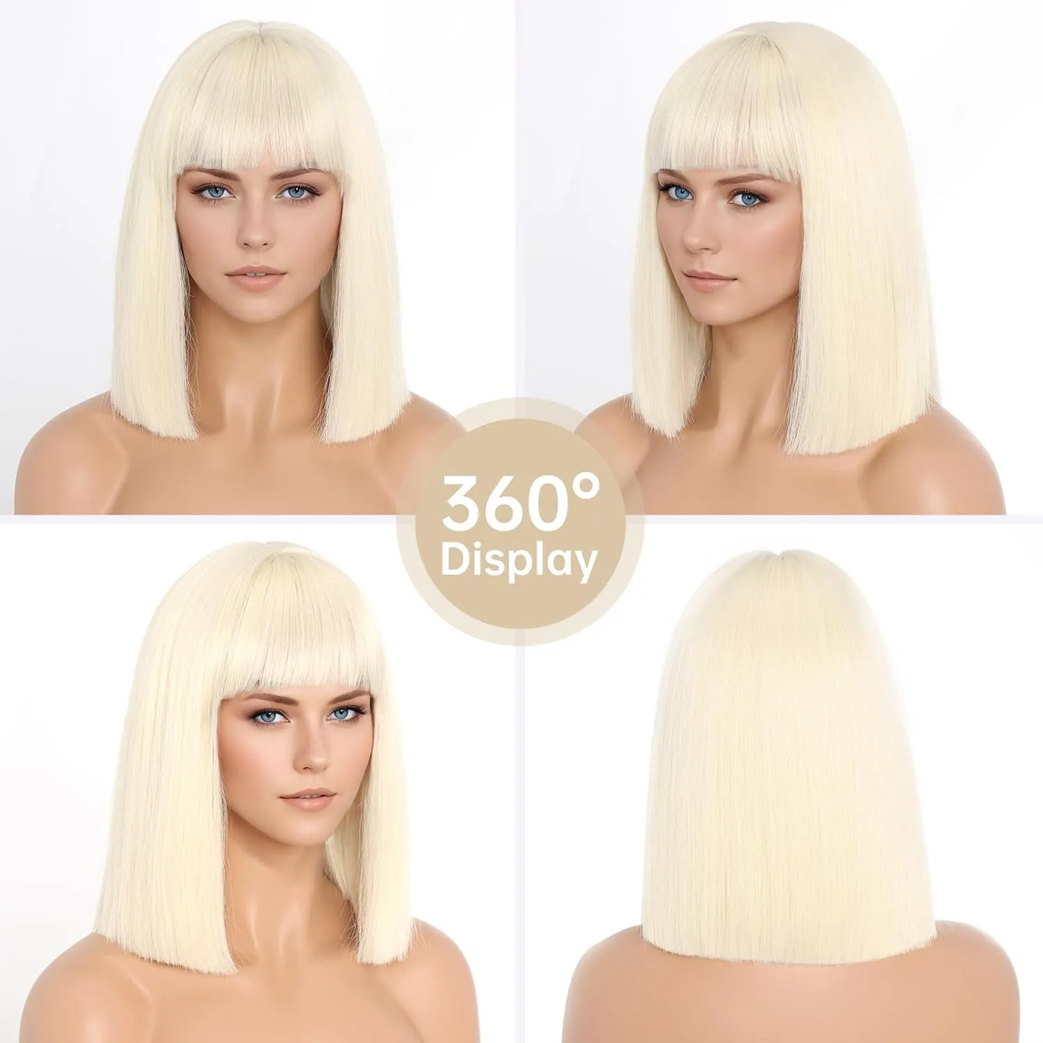 Blonde Wig With Bangs Short Bob Straight Wigs for Women Shoulder Length Blonde Natural Looking Synthetic Heat Resistant Fiber Wigs for Halloween Costumes Cosplay Daily Use(12 Inch)