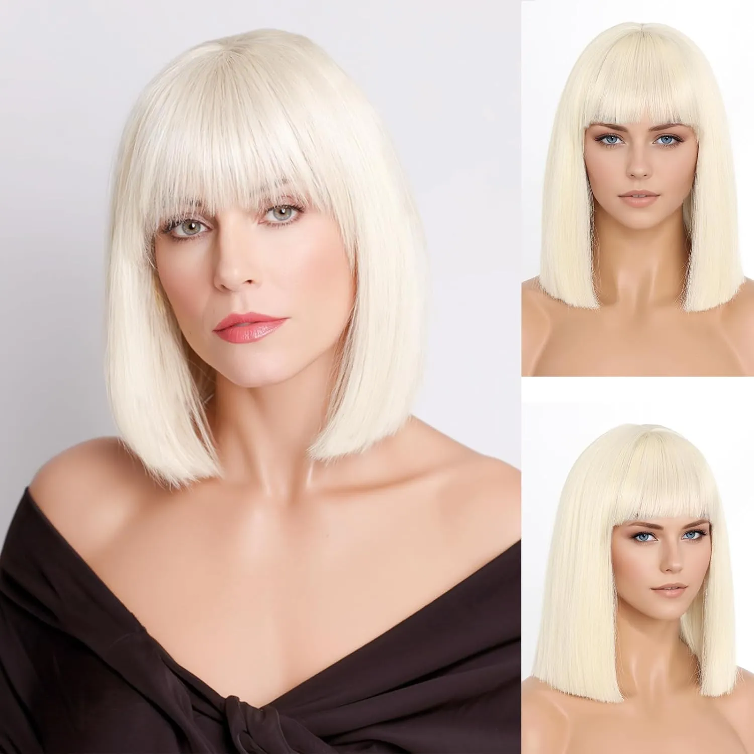 Blonde Wig With Bangs Short Bob Straight Wigs for Women Shoulder Length Blonde Natural Looking Synthetic Heat Resistant Fiber Wigs for Halloween Costumes Cosplay Daily Use(12 Inch)