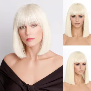 Blonde Wig With Bangs Short Bob Straight Wigs for Women Shoulder Length Blonde Natural Looking Synthetic Heat Resistant Fiber Wigs for Halloween Costumes Cosplay Daily Use(12 Inch)