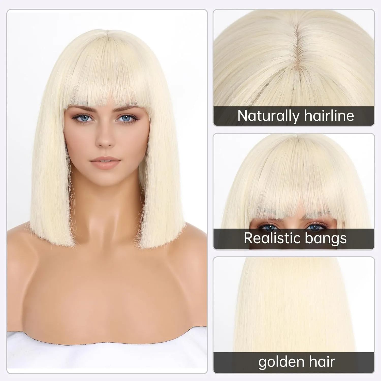 Blonde Wig With Bangs Short Bob Straight Wigs for Women Shoulder Length Blonde Natural Looking Synthetic Heat Resistant Fiber Wigs for Halloween Costumes Cosplay Daily Use(12 Inch)