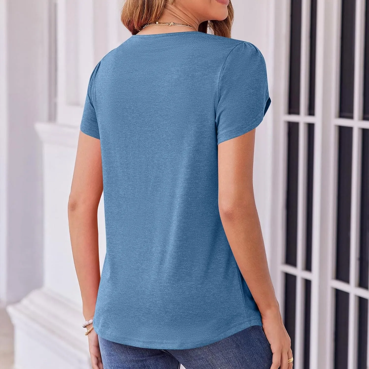 Blouses for Women Dressy Casual 2025 Summer Short Sleeve Loose Fit Tops Petal Sleeve Pleated Tunic Curved Hem