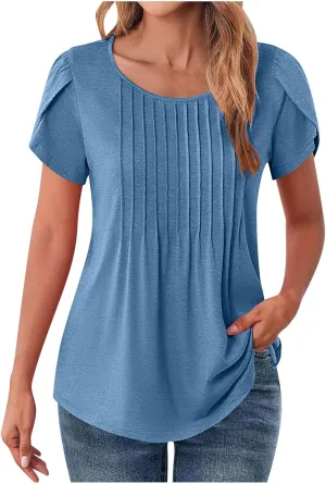 Blouses for Women Dressy Casual 2025 Summer Short Sleeve Loose Fit Tops Petal Sleeve Pleated Tunic Curved Hem