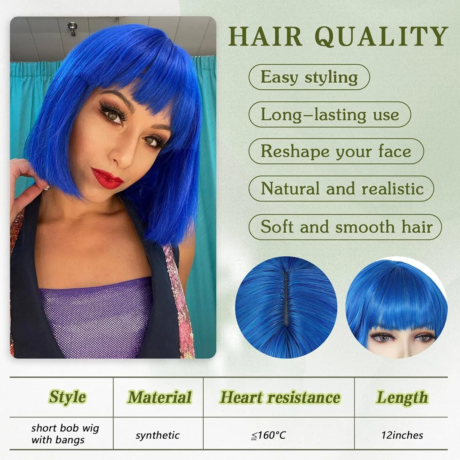 Blue Bob Wigs with Bangs Short Straight Bob Wigs For Women Shoulder Length Synthetic Bob Wigs For Halloween Daily Party Cosplay Use