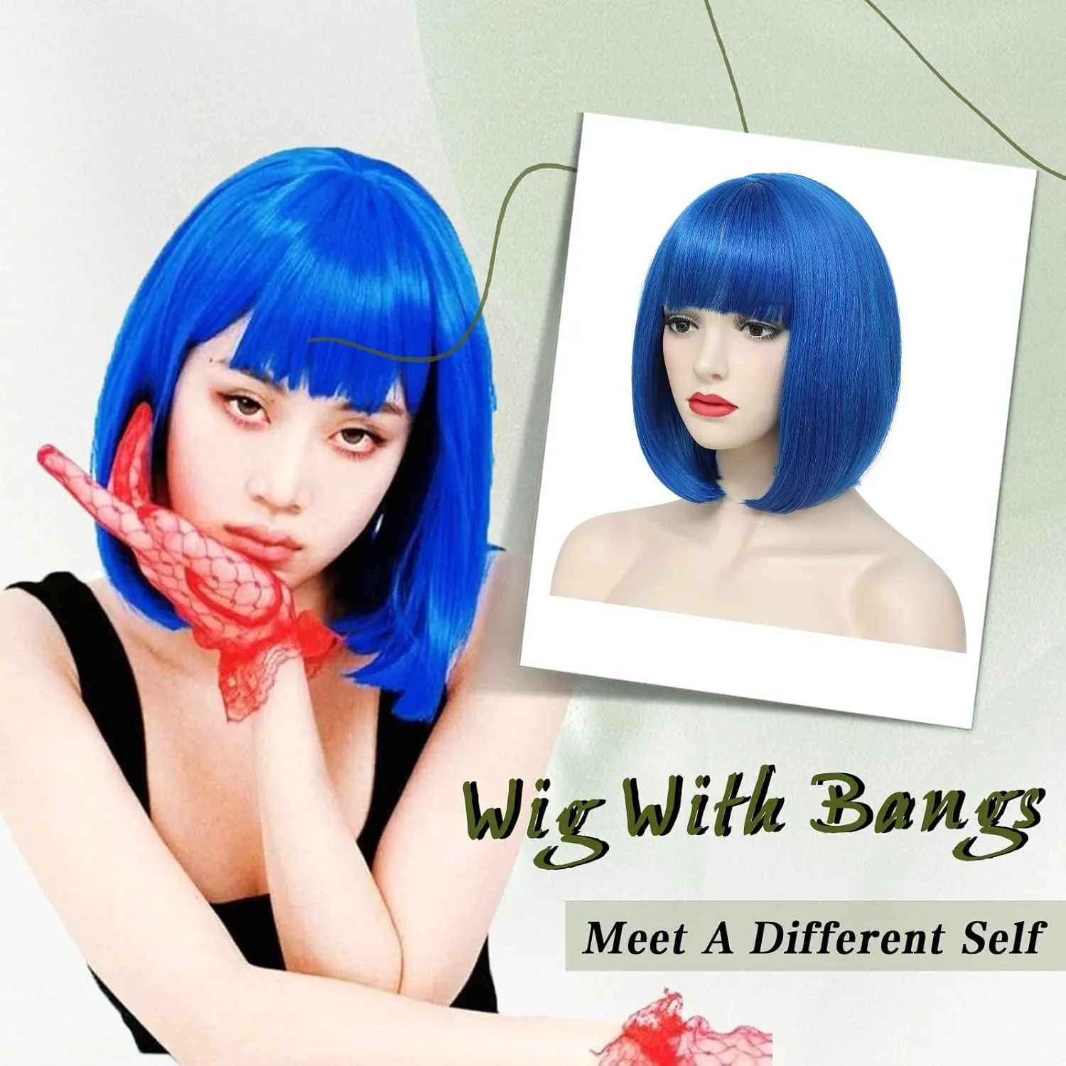 Blue Bob Wigs with Bangs Short Straight Bob Wigs For Women Shoulder Length Synthetic Bob Wigs For Halloween Daily Party Cosplay Use