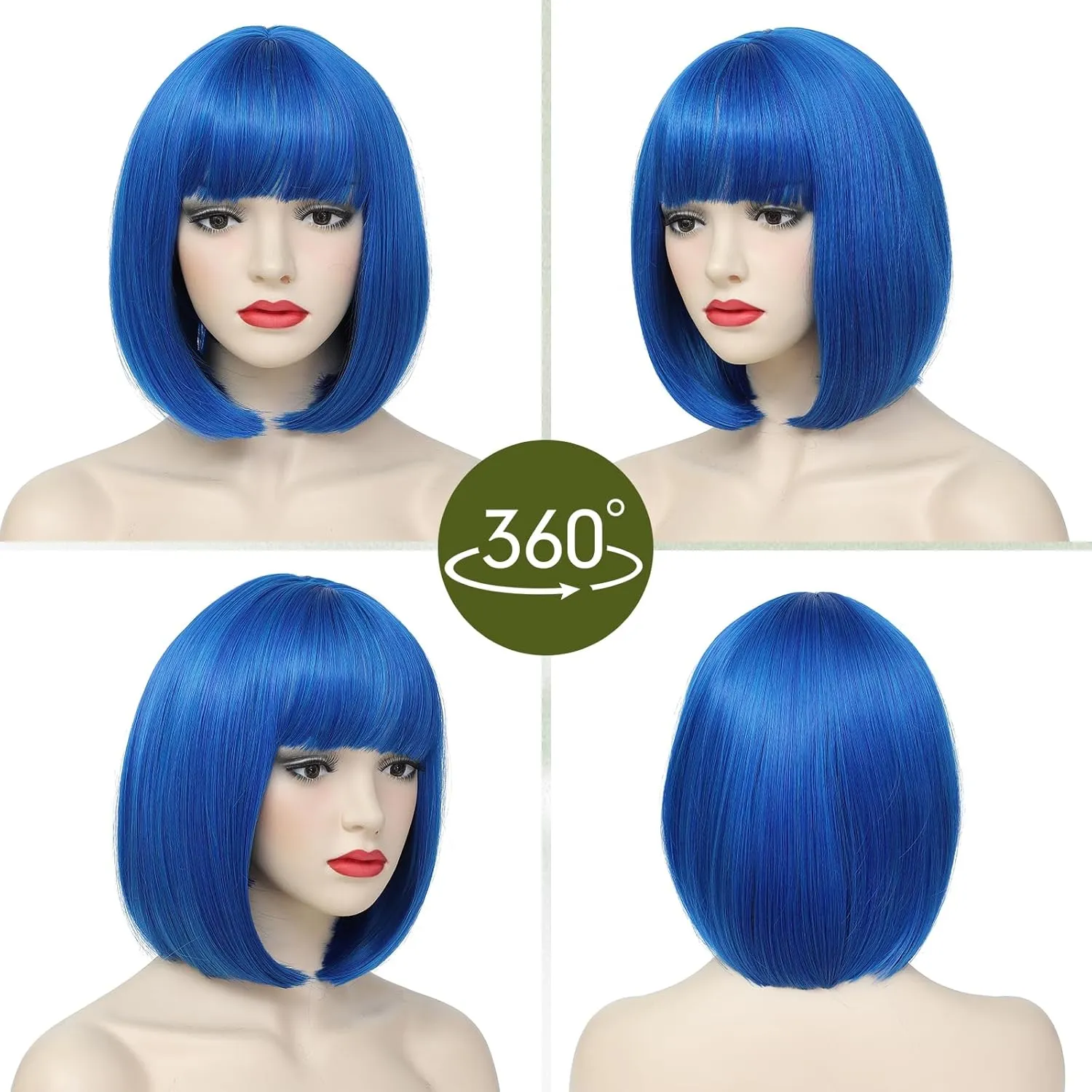 Blue Bob Wigs with Bangs Short Straight Bob Wigs For Women Shoulder Length Synthetic Bob Wigs For Halloween Daily Party Cosplay Use