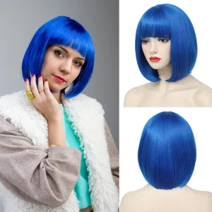 Blue Bob Wigs with Bangs Short Straight Bob Wigs For Women Shoulder Length Synthetic Bob Wigs For Halloween Daily Party Cosplay Use