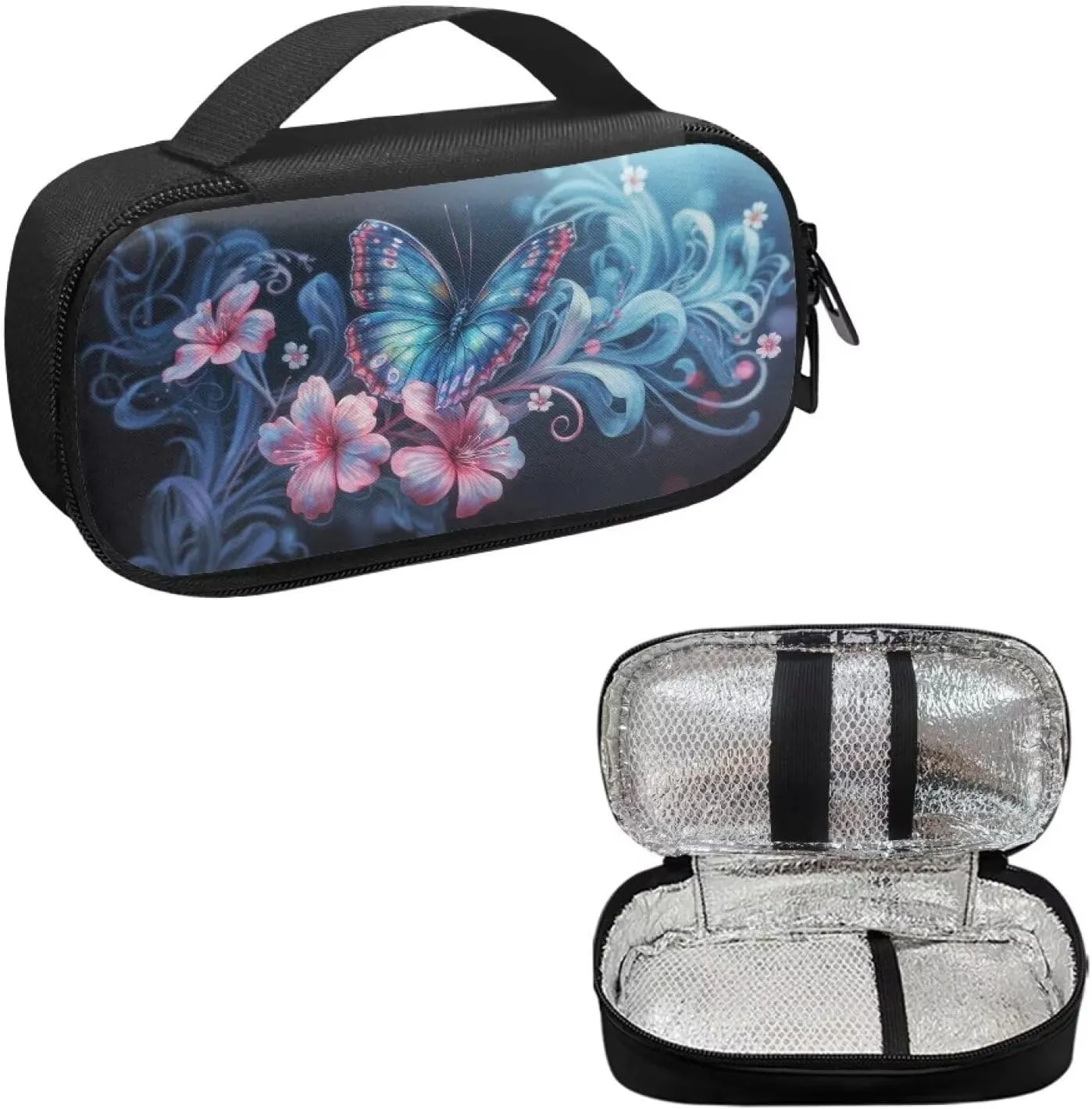 Blue Butterfly Flower Insulin Cooler Travel Carrying Case with Side Handle Diabetic Medication Organizer Case Insulated Cooling Bag for Insulin Pens Syringe Needle, Easy to Clean