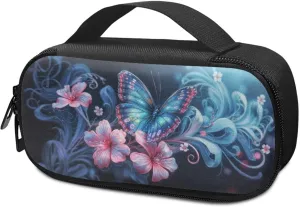 Blue Butterfly Flower Insulin Cooler Travel Carrying Case with Side Handle Diabetic Medication Organizer Case Insulated Cooling Bag for Insulin Pens Syringe Needle, Easy to Clean