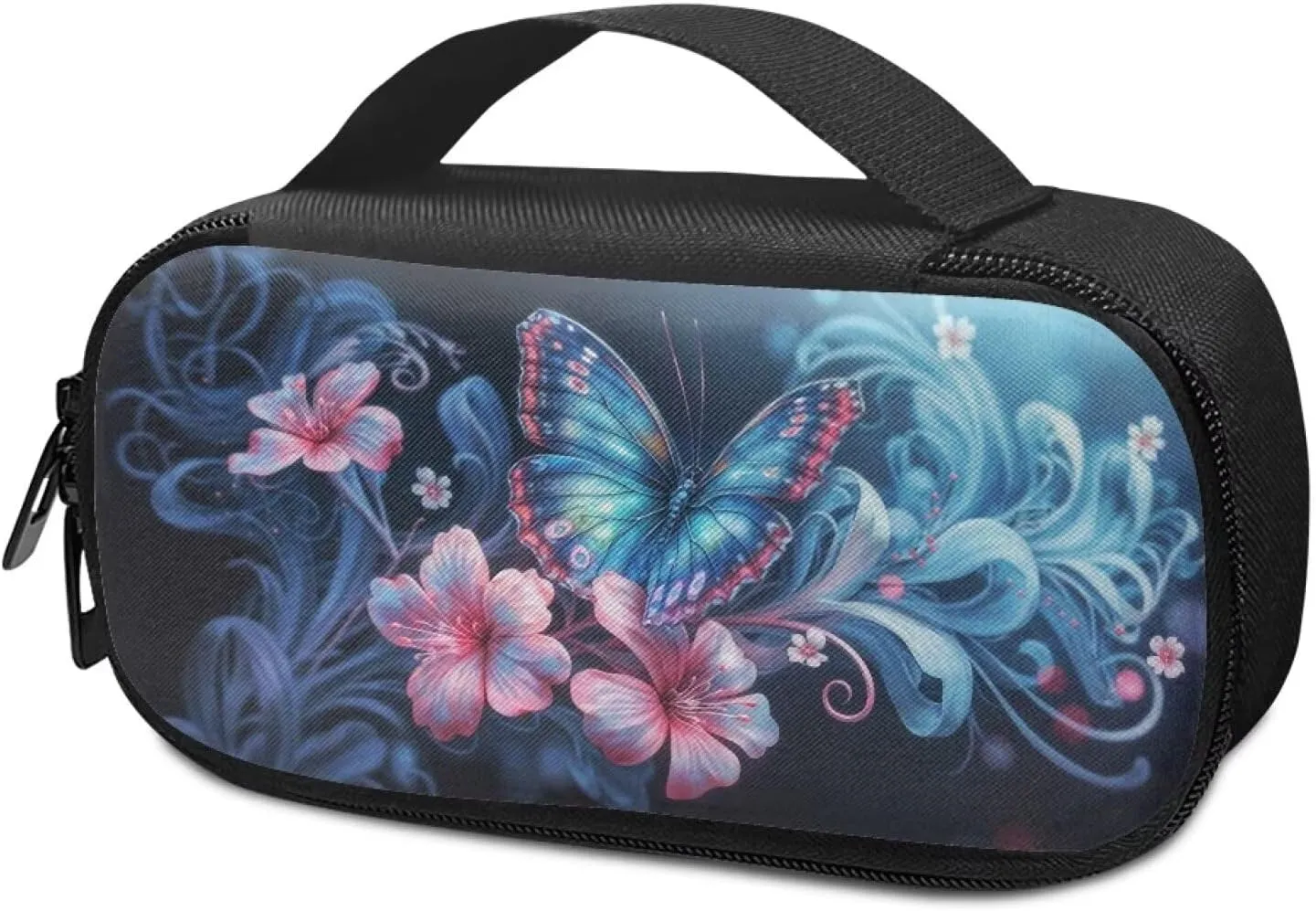 Blue Butterfly Flower Insulin Cooler Travel Carrying Case with Side Handle Diabetic Medication Organizer Case Insulated Cooling Bag for Insulin Pens Syringe Needle, Easy to Clean