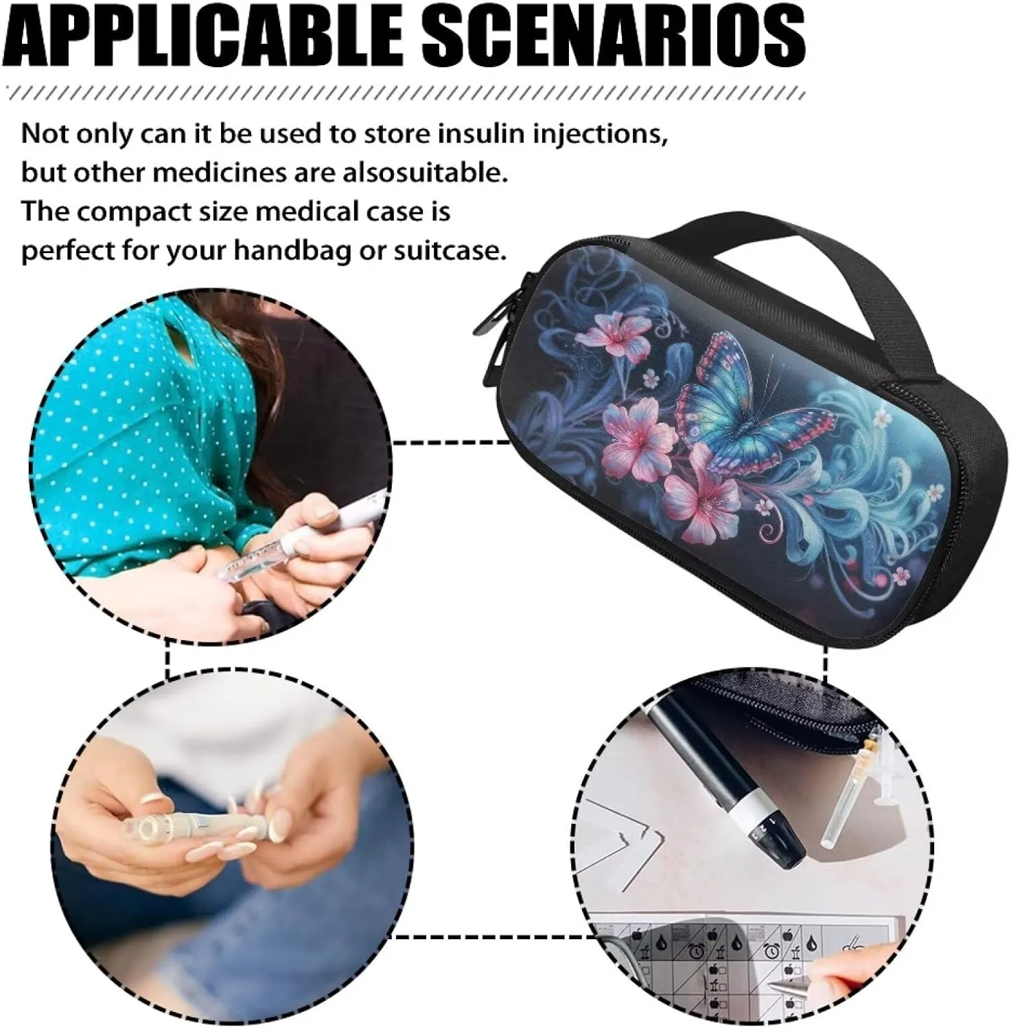 Blue Butterfly Flower Insulin Cooler Travel Carrying Case with Side Handle Diabetic Medication Organizer Case Insulated Cooling Bag for Insulin Pens Syringe Needle, Easy to Clean