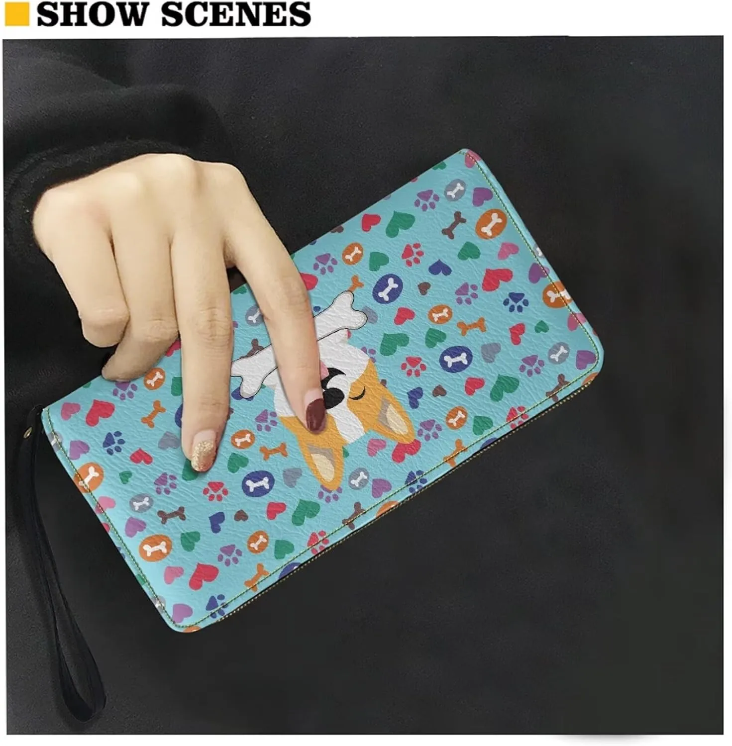 Blue Paw Corgi Wallets for Women PU Leather Credit Card Holder Large Capacity Wristlet