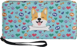 Blue Paw Corgi Wallets for Women PU Leather Credit Card Holder Large Capacity Wristlet