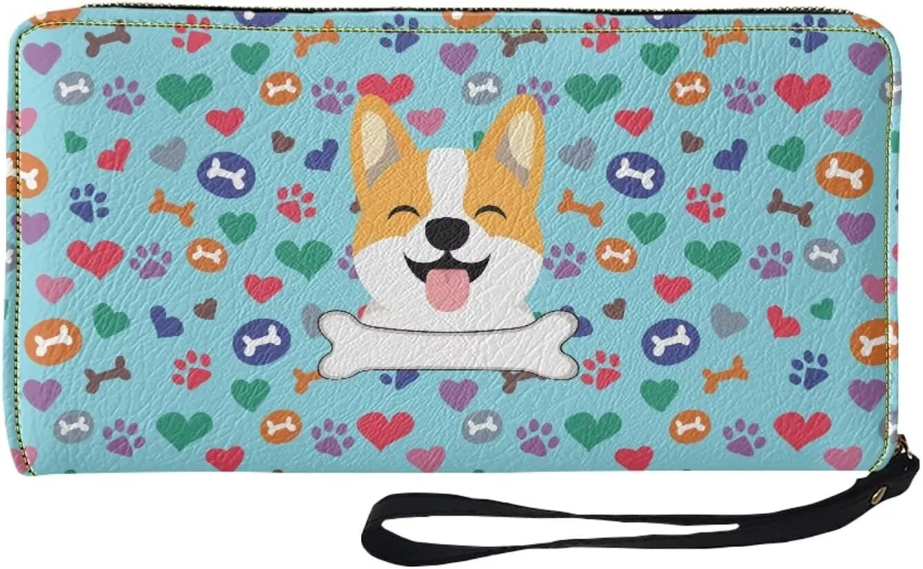 Blue Paw Corgi Wallets for Women PU Leather Credit Card Holder Large Capacity Wristlet