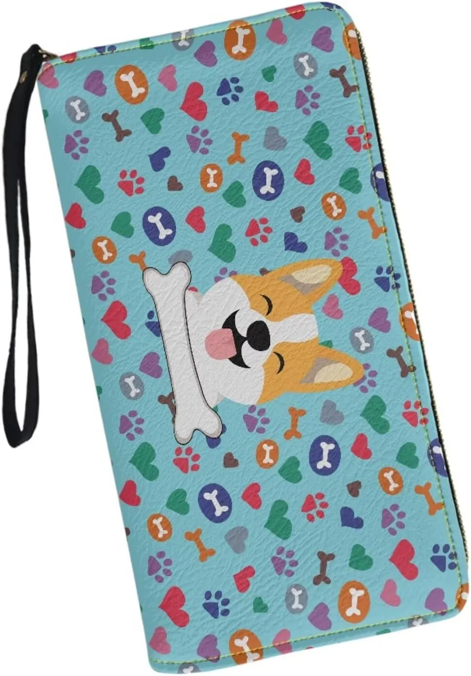 Blue Paw Corgi Wallets for Women PU Leather Credit Card Holder Large Capacity Wristlet