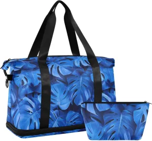 Blue tropical foliage flowers Duffel Bags Travel Weekender Gear Bag Gym Bag with Toiletry Bag for Gym Large Capacity