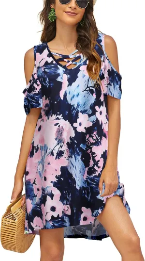 Bluetime Women Cold Shoulder Summer Dress Short Sleeve Beach Casual Loose Swing Dress