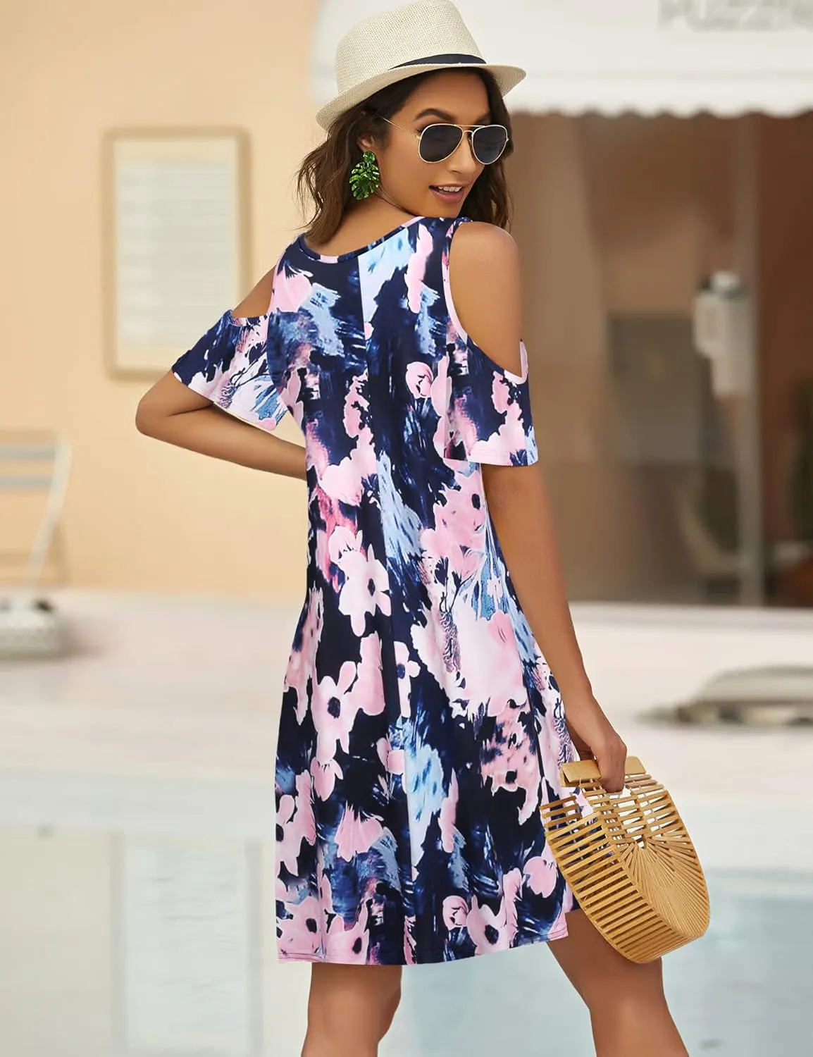 Bluetime Women Cold Shoulder Summer Dress Short Sleeve Beach Casual Loose Swing Dress