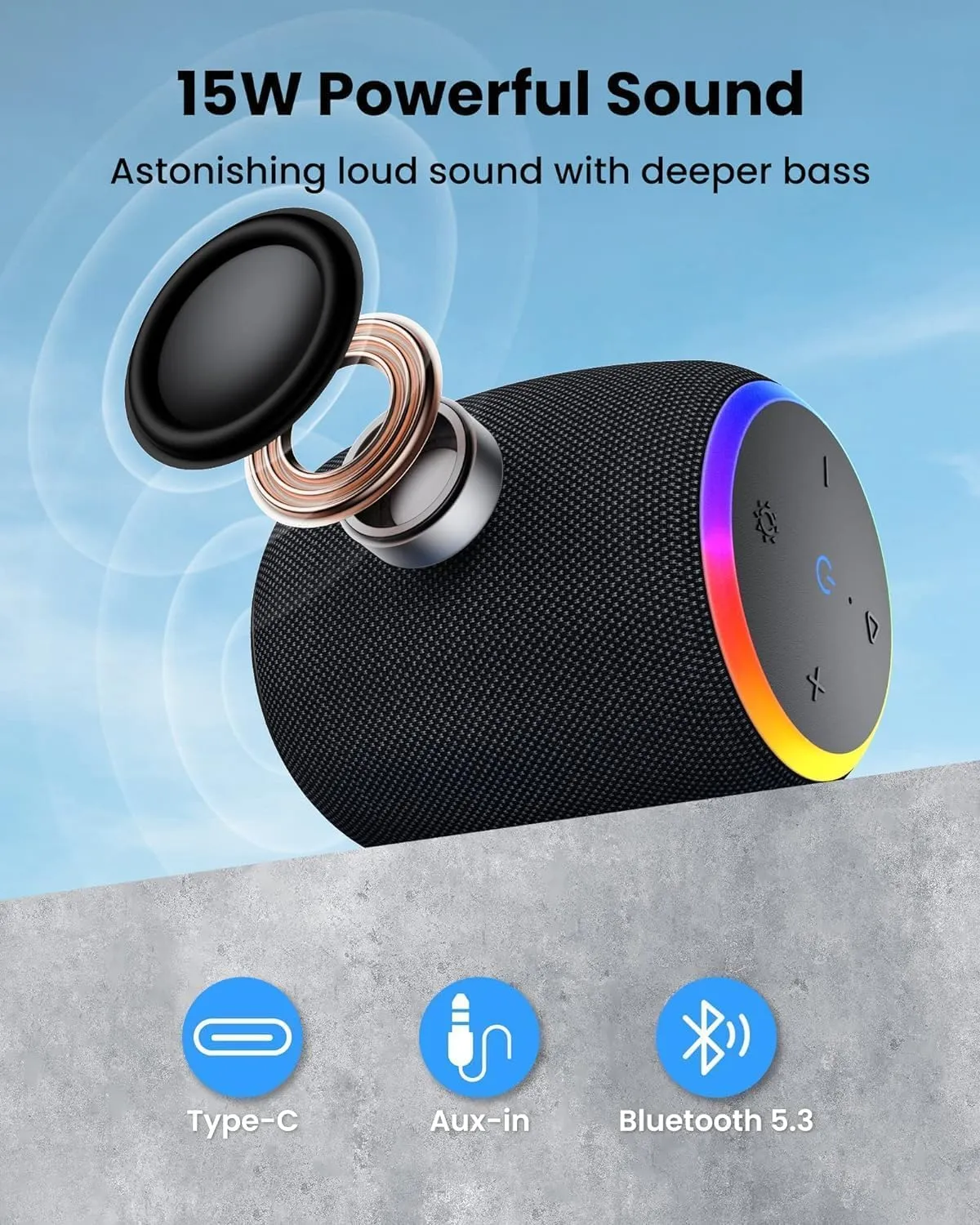Bluetooth Speaker, Portable Wireless with 15W Stereo Sound, IPX6 Waterproof, Blue Tooth 5.3, LED Light, TWS Pairing, 12H Playtime Shower Speakers for Home Outdoor Party Beach(Green)